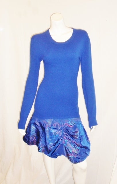 OMG! how fabulous is this dress! 100% cashmere bodice with iridescent blue printed silk taffeta skirt. asymmetric  rushed front gives it that playful and couture look. Cobalt Blue 
Size STATES  LargeBUT IT IS MADE REALLY SMALL Please refer to