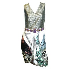 Etro silk twill/ Brocade  printed dress with jeweled belt