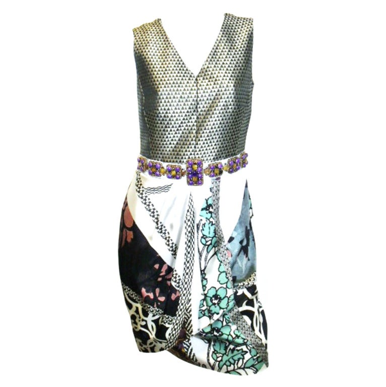 Etro silk twill/ Brocade  printed dress with jeweled belt For Sale