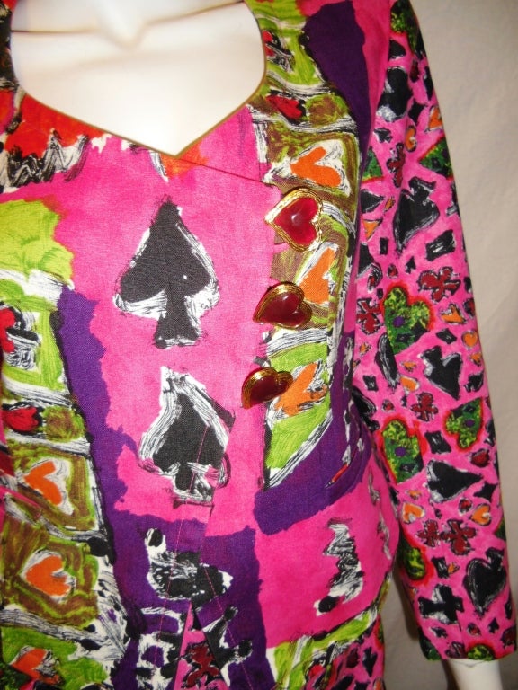 Christian Lacroix rare Deck of Hearts skirt suit w Glass Hearts In Excellent Condition For Sale In New York, NY