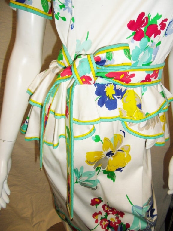Women's Leonard  Vintage Paplum  Floral  Belted Ruffle cotton  Dress new For Sale