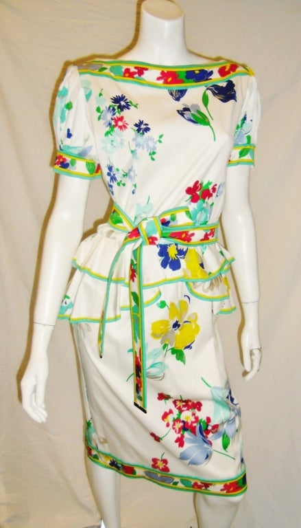 Leonard  Vintage Paplum  Floral  Belted Ruffle cotton  Dress new For Sale 1