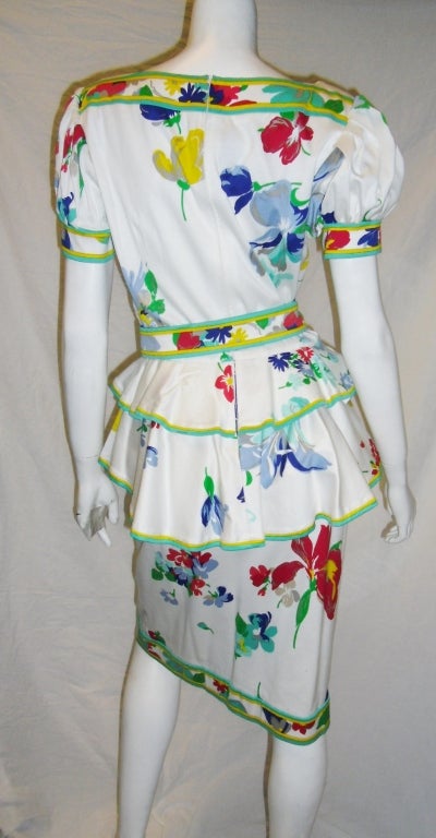 Leonard  Vintage Paplum  Floral  Belted Ruffle cotton  Dress new For Sale 2