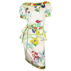 Leonard  Vintage Paplum  Floral  Belted Ruffle cotton  Dress new