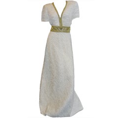 Mary Mcfadden White pleat Gown with Gold Embellishments sz 10