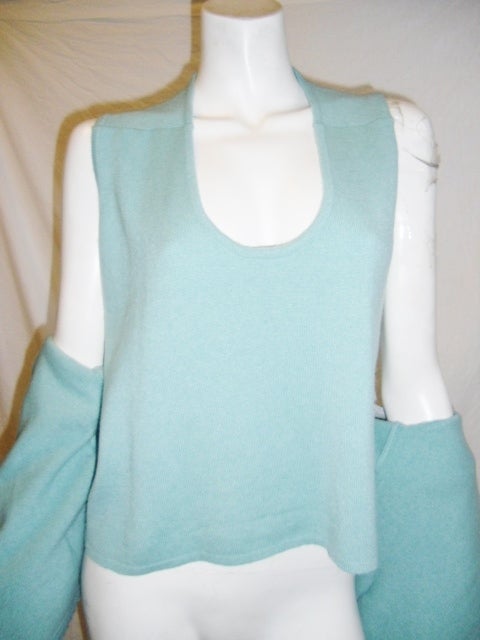 Chanel Aqua Blue Cashmere Sweater Set/ Jacket With Crystal Pins For Sale 2