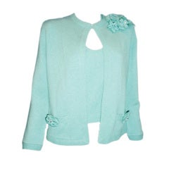 Chanel Aqua Blue Cashmere Sweater Set/ Jacket With Crystal Pins