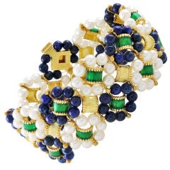 Chic Lapis, Pearl and Enamelled Gold Bracelet