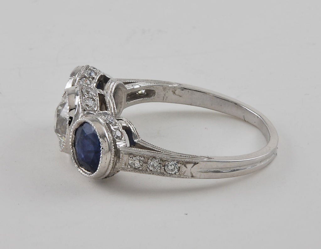 Superb Deco Three Stone Diamond and Sapphire RIng