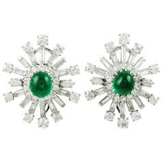Bold Platinum, Cab Emerald and Diamond "Wheel Spoke" Earrings