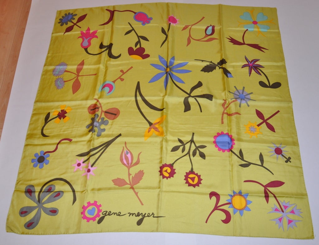 Gene Meyer bold colored floral print silk scarf measures 42