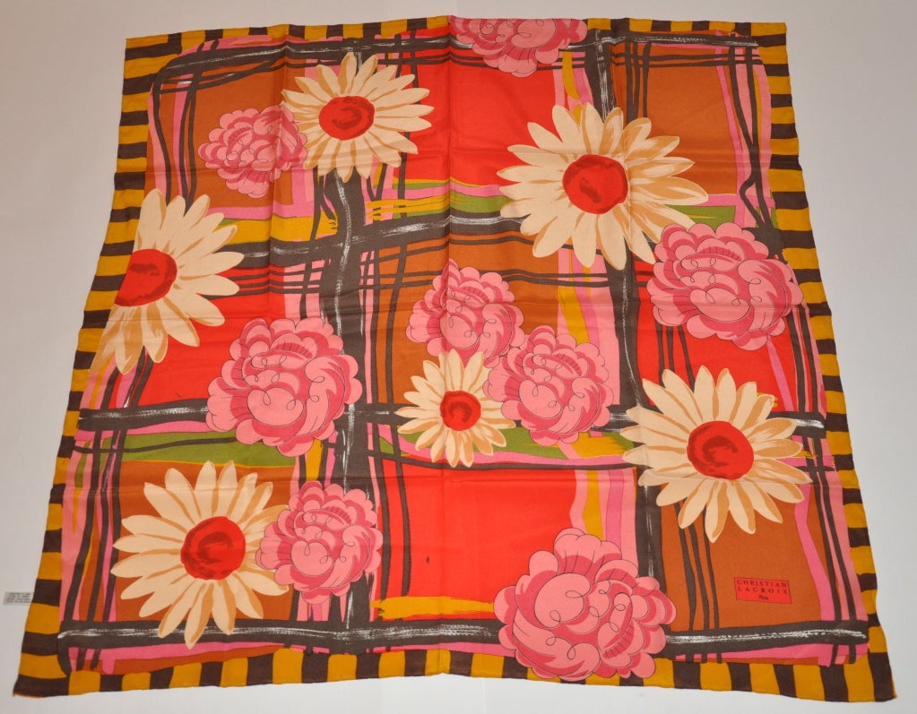 Christian Lacroix multicolor floral print silk crepe de chine scarf measures 34