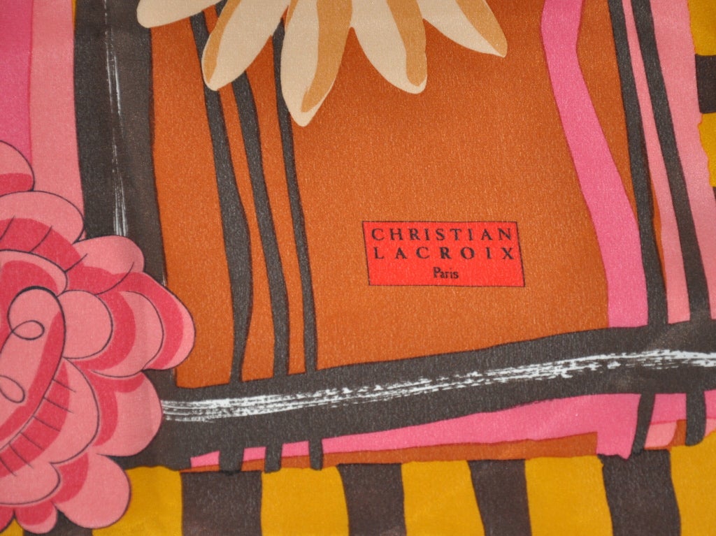 Orange Christian Lacroix multicolor floral print silk scarf For Sale