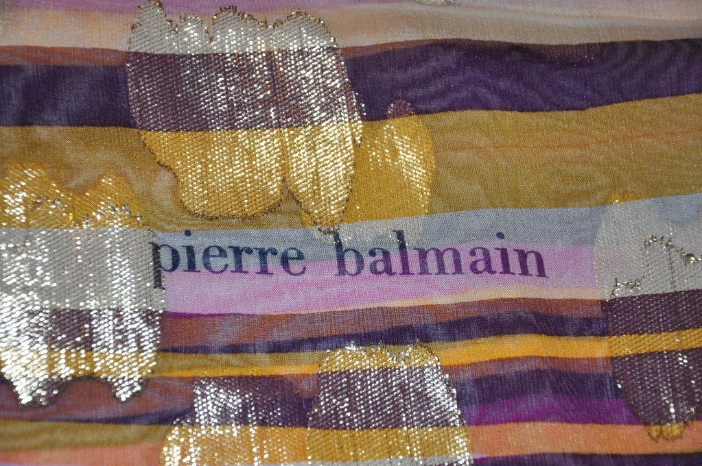 Pink Pierre Balmain Signature Multicolor Silk Chiffon & Metallic Gold Scarf For Sale