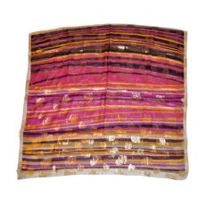 Vintage Pierre Balmain Signature Multicolor Silk Chiffon & Metallic Gold Scarf