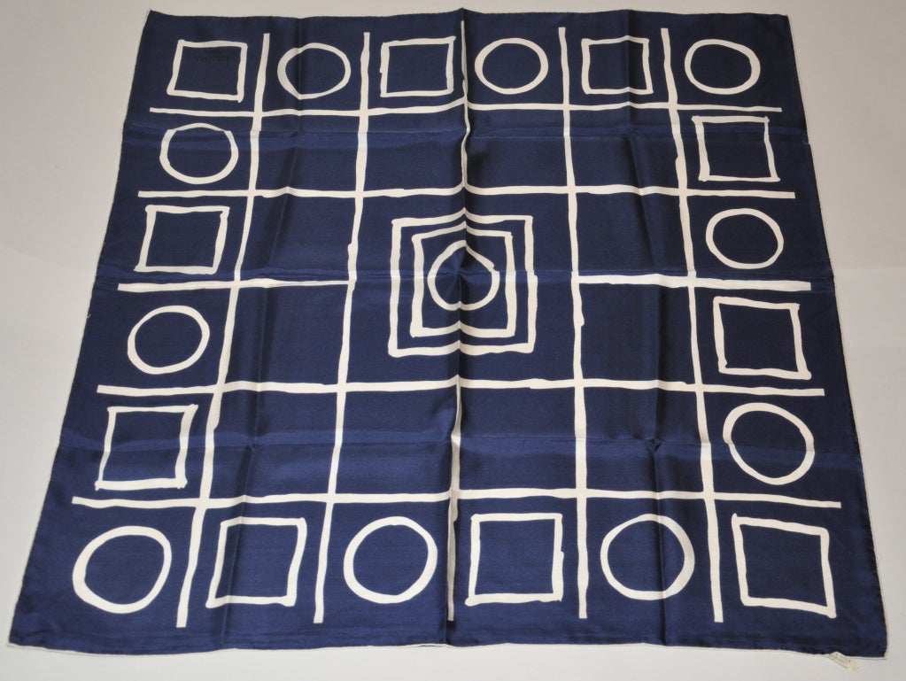 Les Echarpen de Marcel Guillemin navy & white geometric print silk scarf measures 32