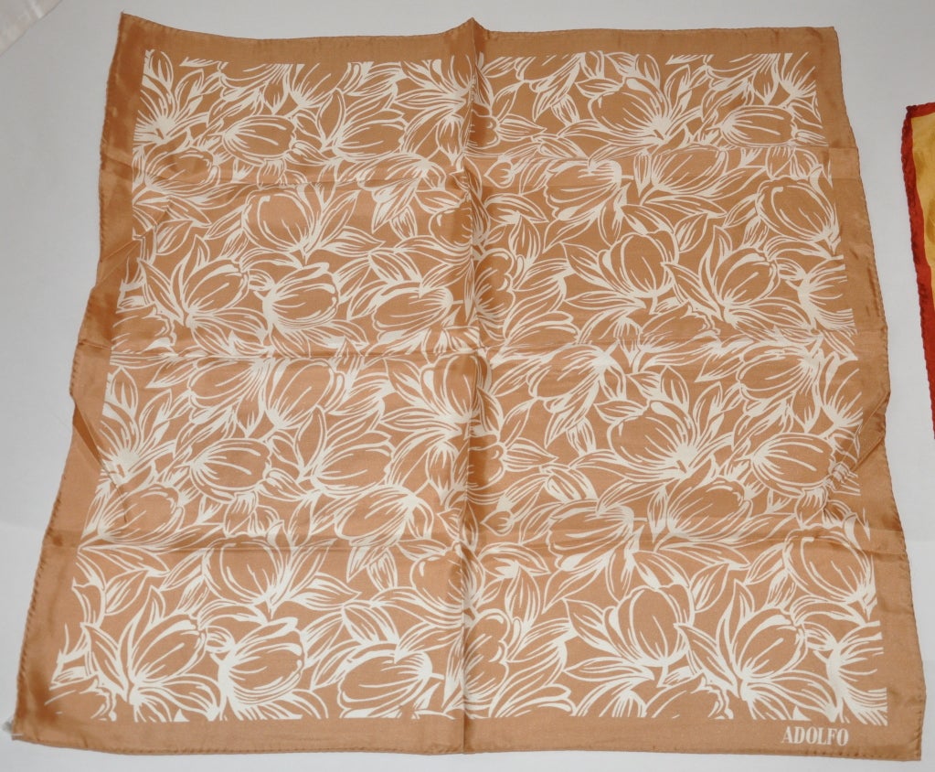 Adolfo beige & white floral print silk scarf measures 26