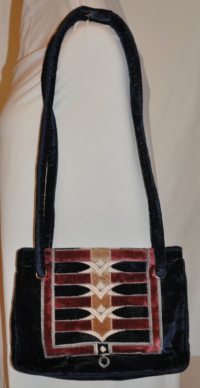 Dark Navy & Burgundy velour with cream embroidery handbag