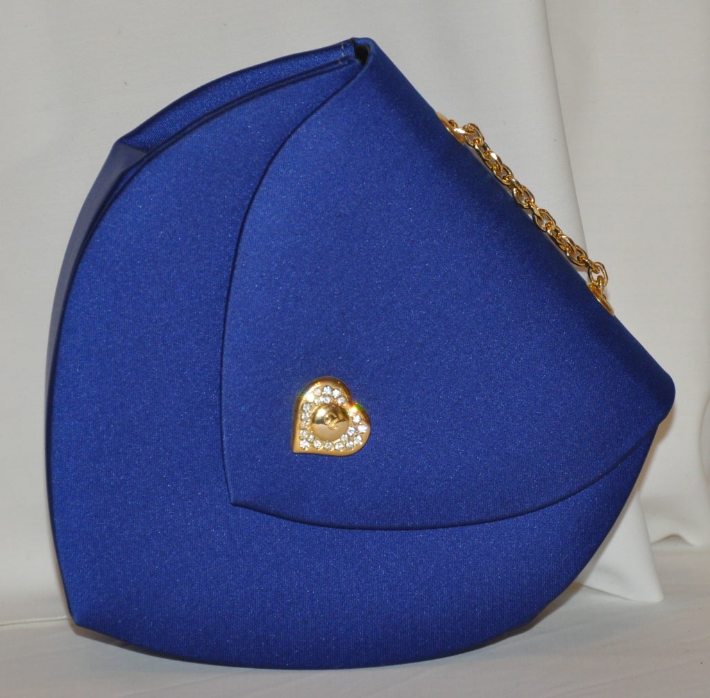 Guy Laroche blue silk satin evening bag has gold hardware chain measuring 22 1/4