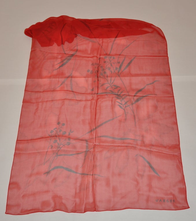 Jaeger deep-red silk chiffon floral print scarf measures 25