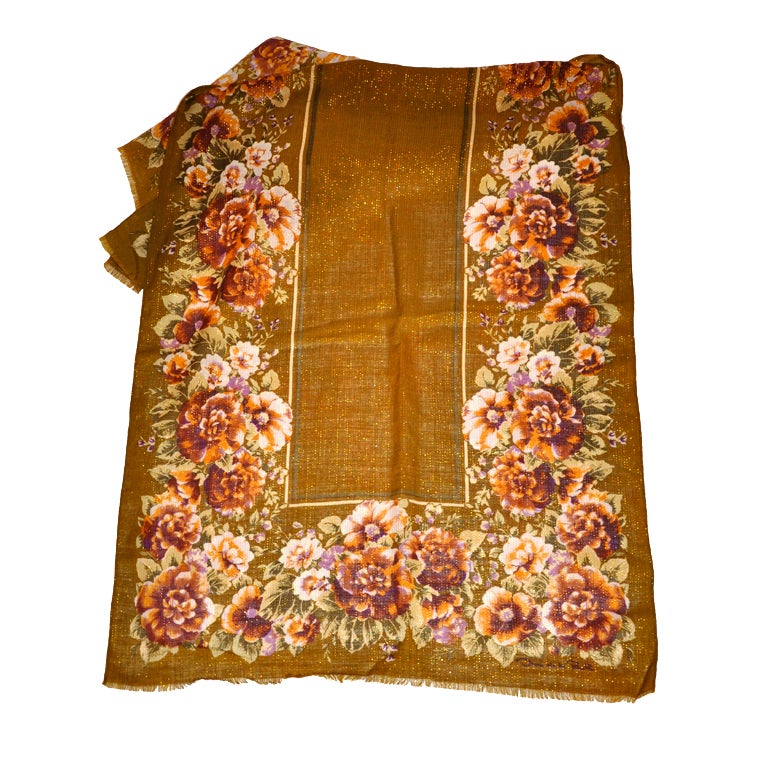 Oscar de la Renta floral print with metallic thread wool scarf For Sale