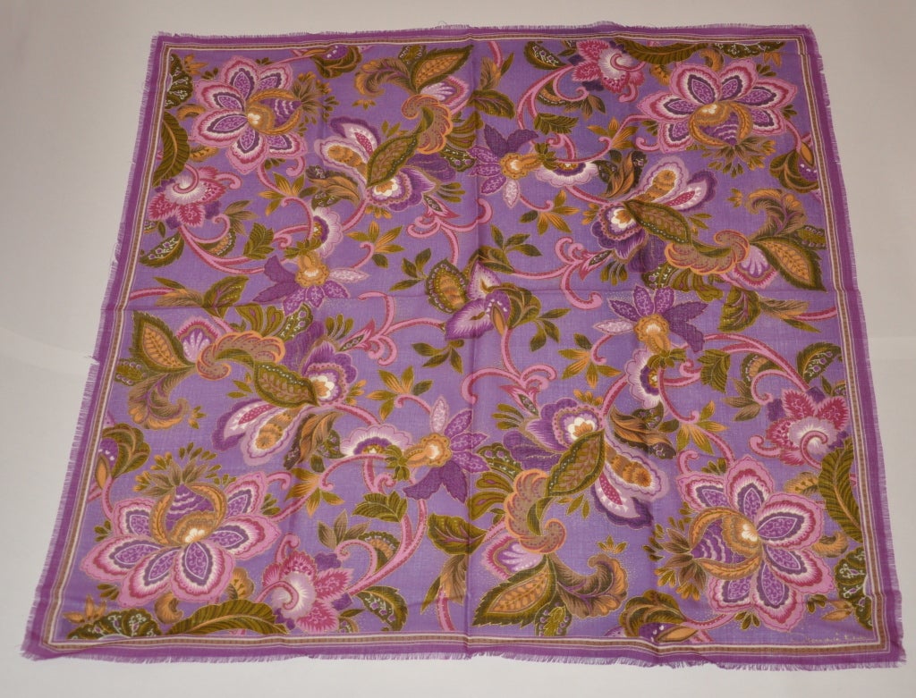 Oscar de la Renta Lavender Floral print with gold etching wool challis scarf measures 35