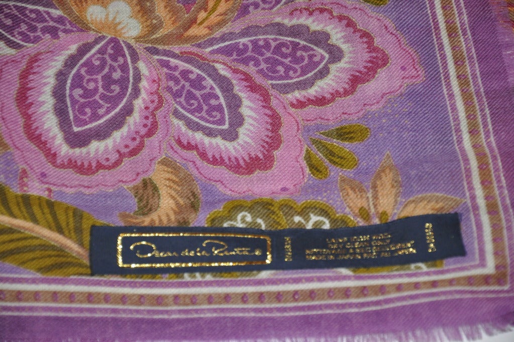 Pink Oscar de la Renta Lavender floral with gold etching wool scarf For Sale