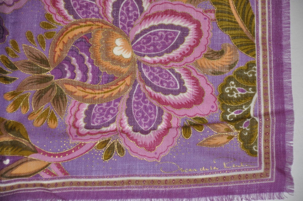 Women's Oscar de la Renta Lavender floral with gold etching wool scarf For Sale