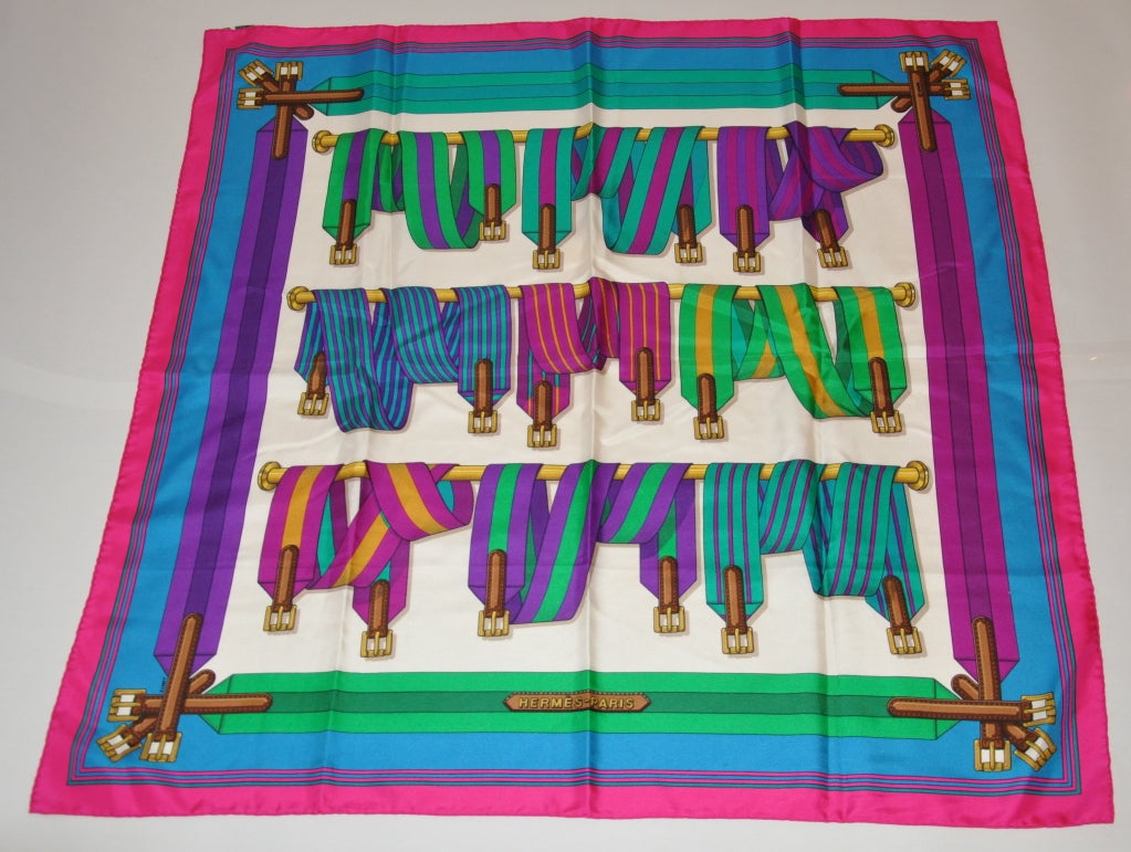 Hermes wonderfully detailed multi-colored silk scarf measures 34
