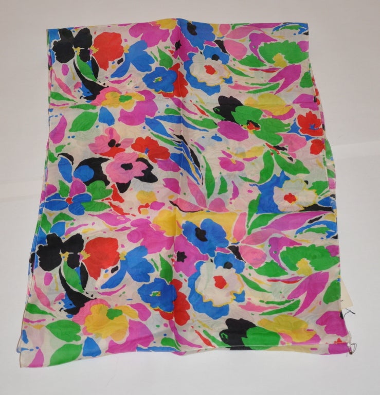 Pilar Rossi double-layered bold multi-color floral print silk organza scarf measures 21