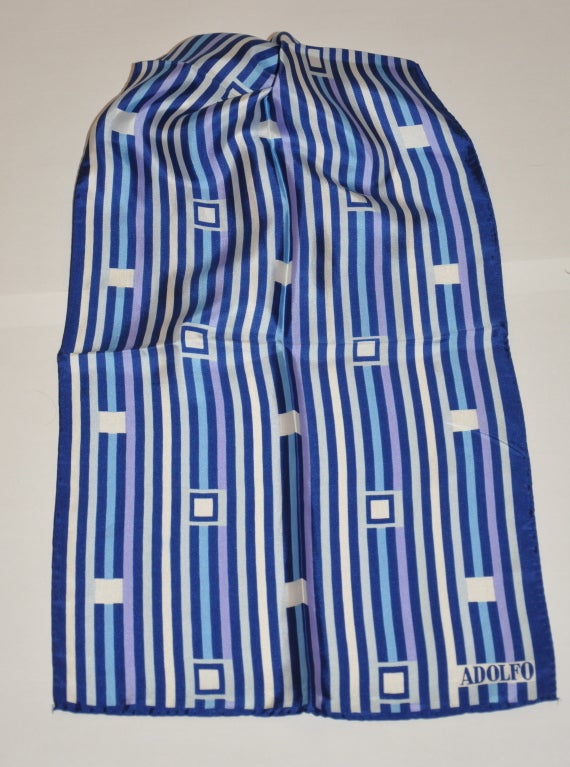 Adolfo shades of blue with white silk scarf measures 44