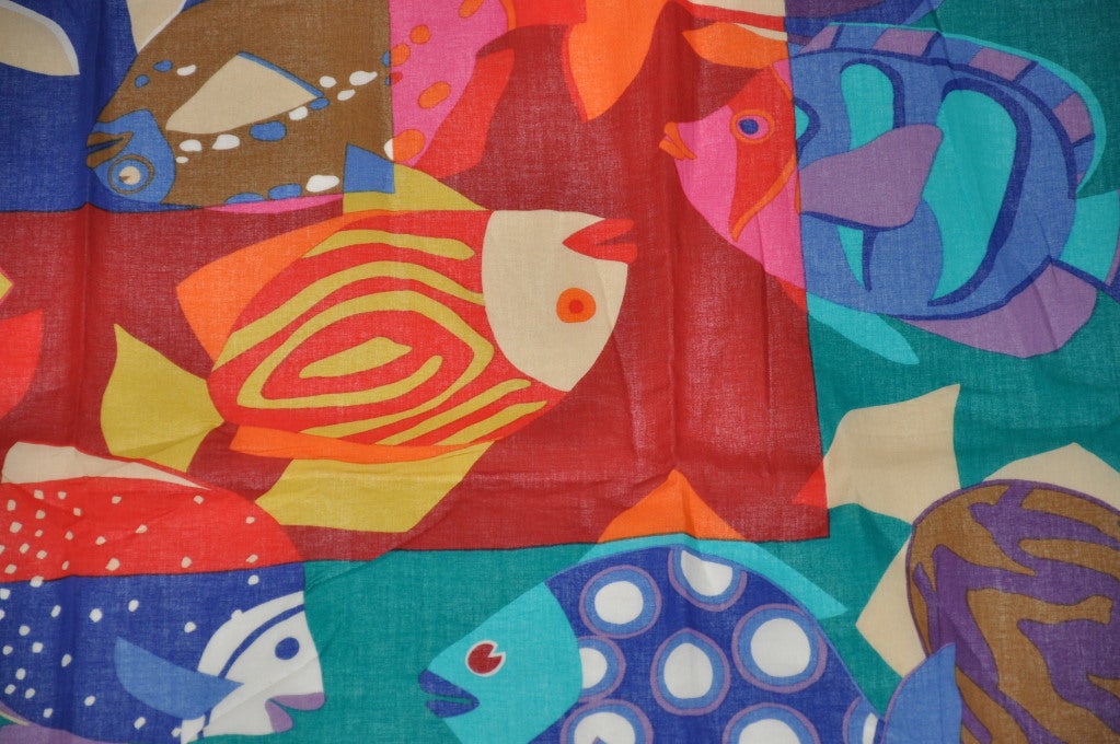 Blue Multicolor Tropical Fishes Italian cotton scarf For Sale