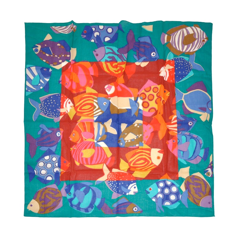 Multicolor Tropical Fishes Italian cotton scarf For Sale