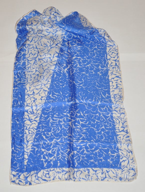 Vera wonderful bold blue and white silk scarf measures 14