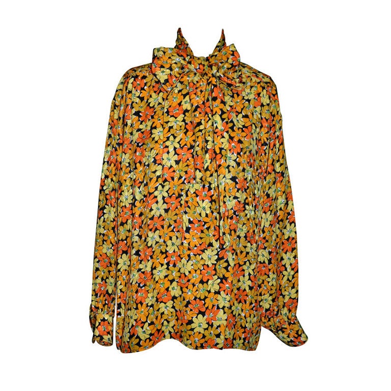 Yves Saint Laurent Rive Gauche silk floral "Bow" blouse For Sale
