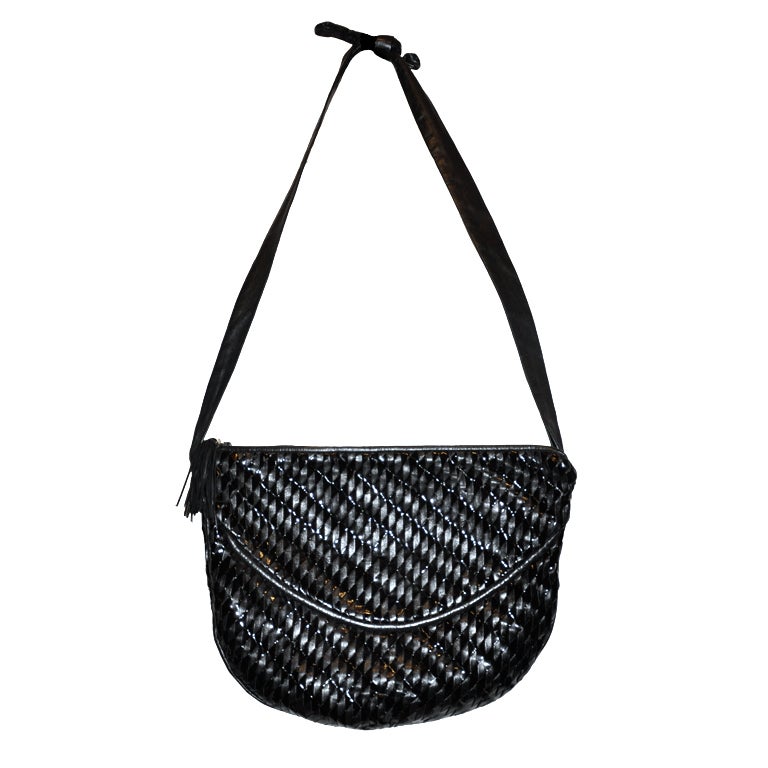 Black Woven Lambskin Leather with Patent Lambskin Leather Shoulder Bag. For Sale