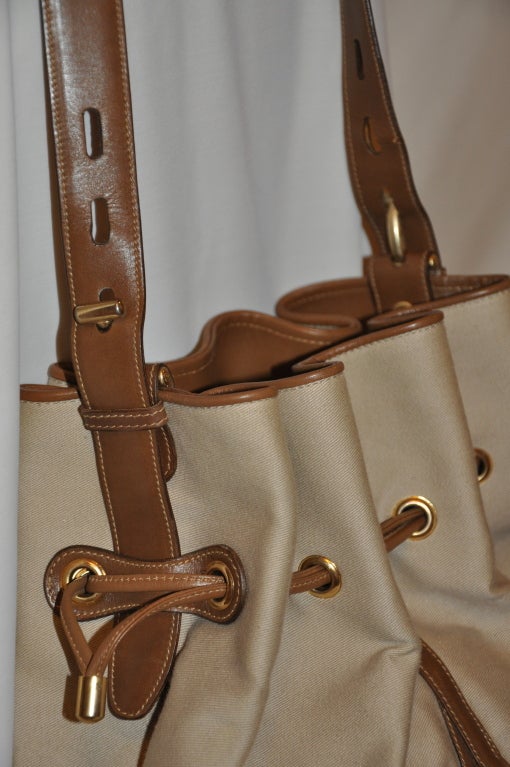 Brown Mark Cross Canvas & Calfskin Drawstring Shoulder Bag