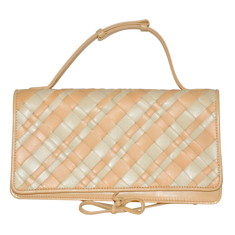 Bottega Veneta Honey & Cream Lambskin Woven Clutch/ Handbag