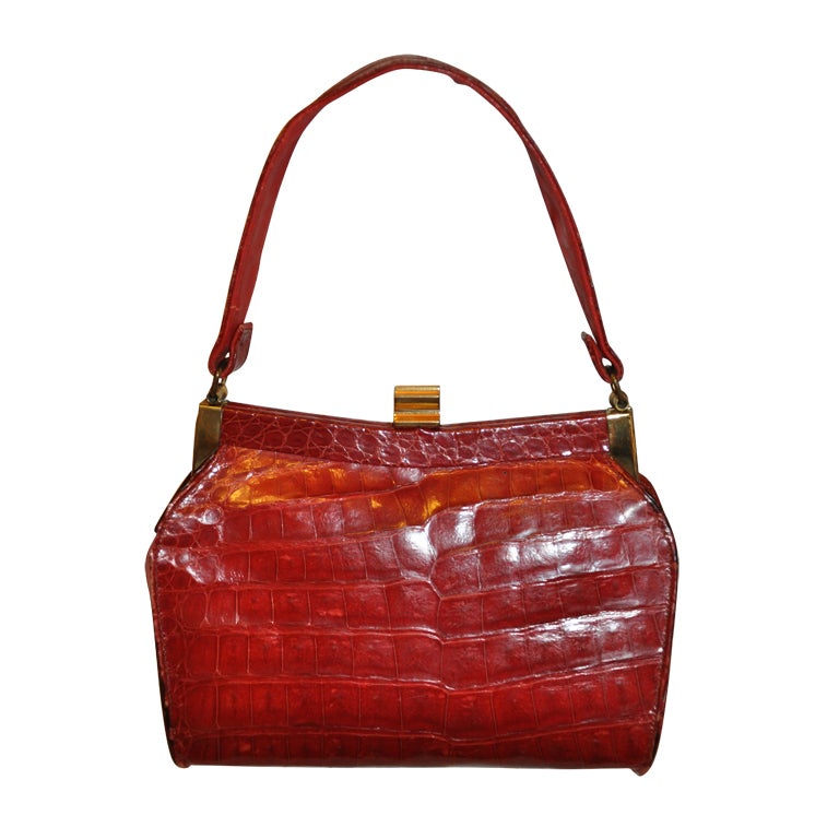 Deep-Red Alligator with Gold Hardware Handbag For Sale