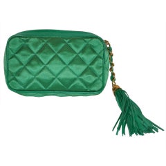 Chanel Quilted Emerald Green Silk Evening Clutch with Tassle 7
