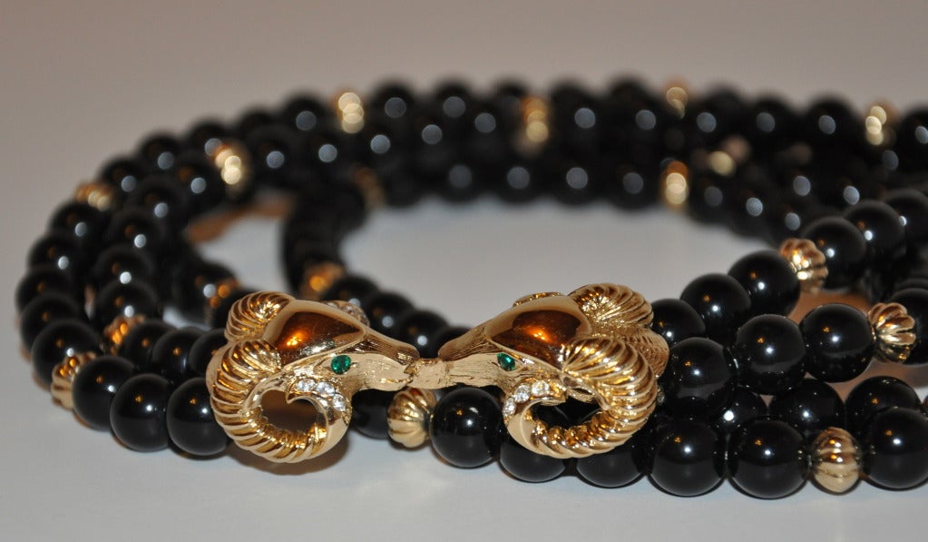 Kenneth Jay Lane Gilded "Ram" Clasp Black and Gold Necklace