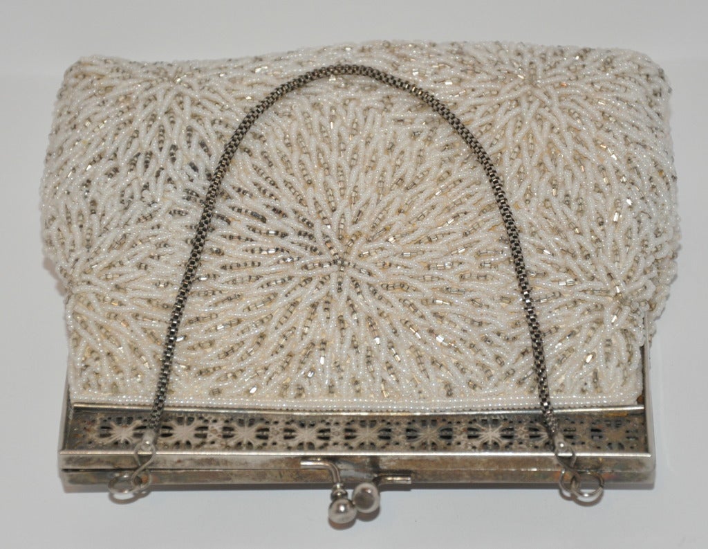 Beige Silver Framed with Seed beading Handbag