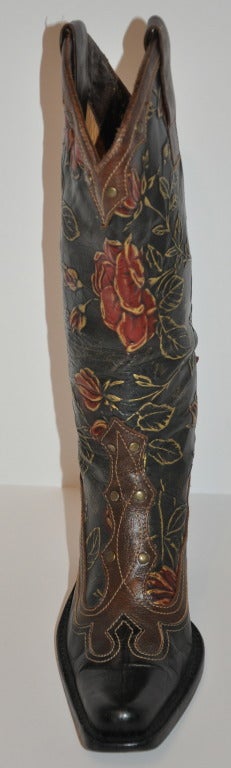 Embossed Calfskin Floral Hand-painted Boots In Good Condition In New York, NY