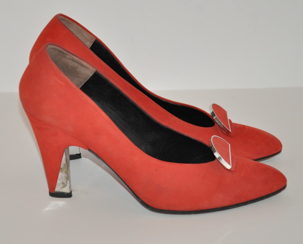 Charles Jourdan Fire-Red Suede Pumps at 1stdibs