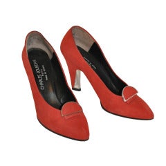 Vintage Charles Jourdan Fire-Red Suede Pumps