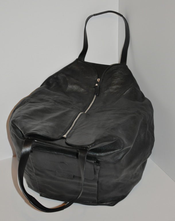 Jil Sander Huge Black leather tote has a zipper top which measures 15