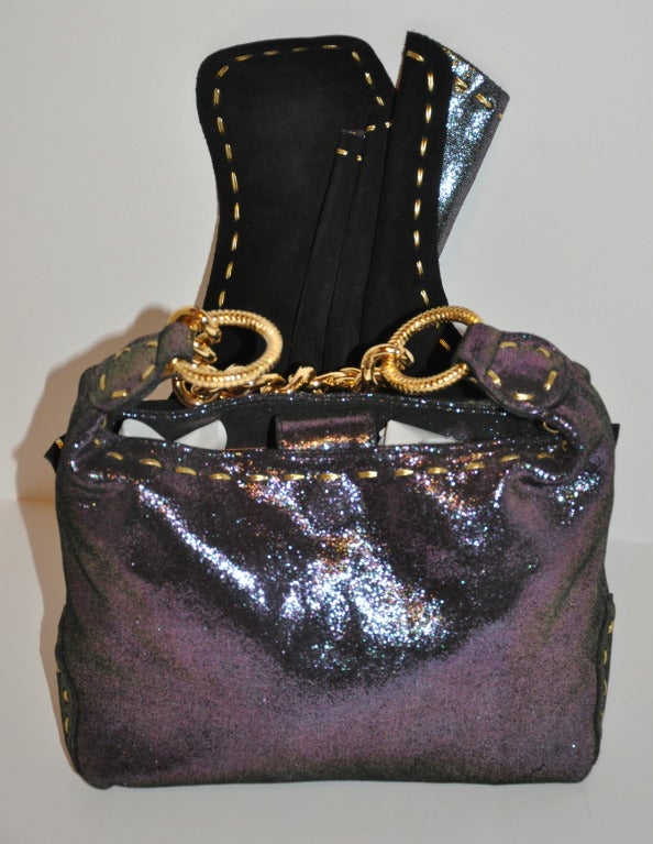 Carlos Falchi Textured Embossed Gun-Metal Plum & Charcoal Handbag In New Condition For Sale In New York, NY