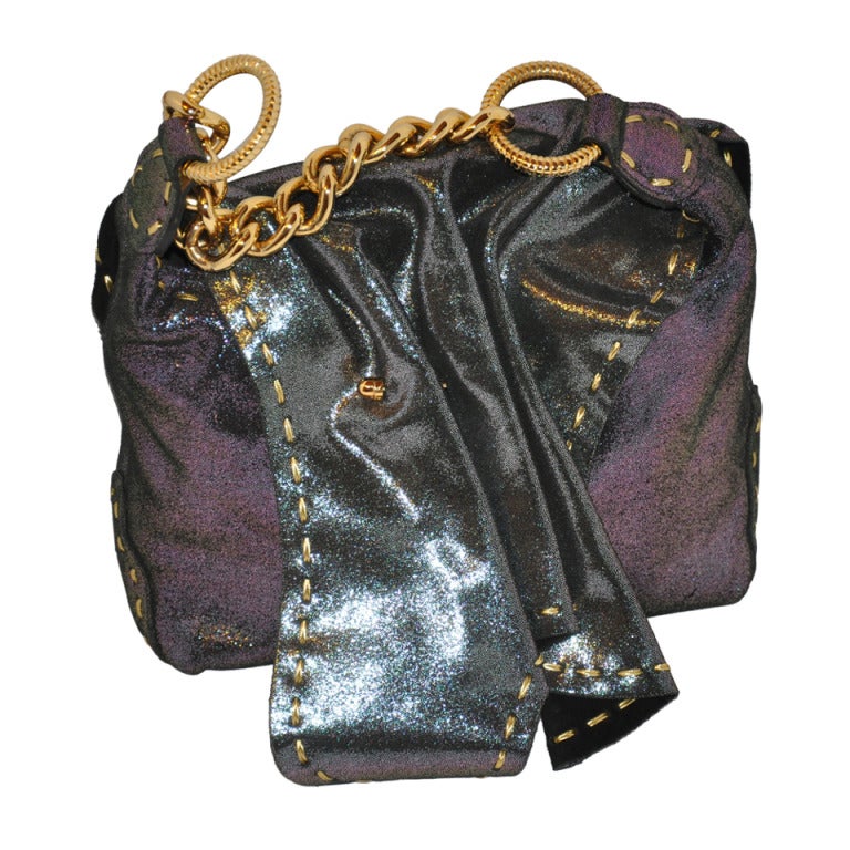 Carlos Falchi Textured Embossed Gun-Metal Plum & Charcoal Handbag For Sale