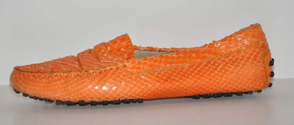 TOD'S classic bright tangerine Pylon-skin driving shoes makes driving fun! Size is 38 Italian, American size 8 regular