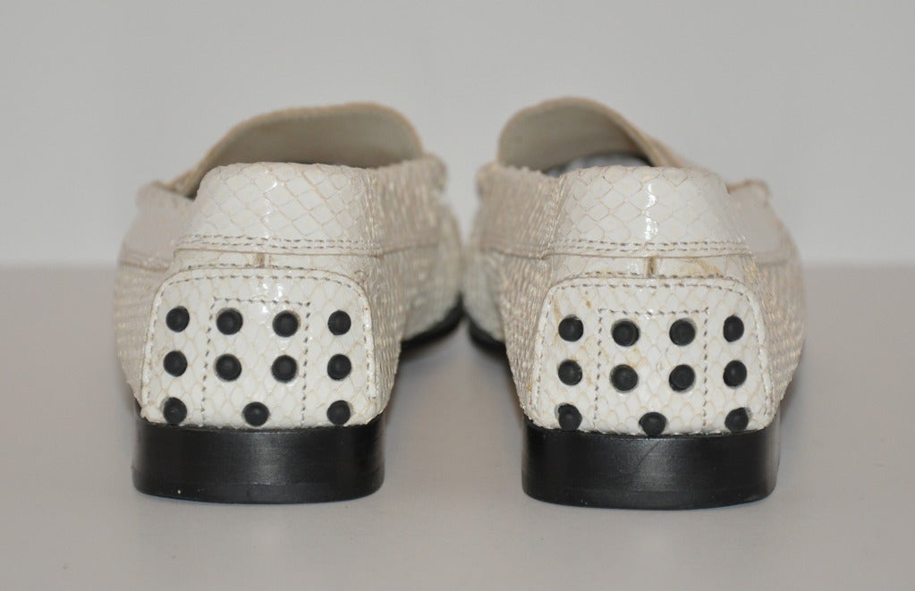 TOD's White Snake-Skin Penny Loafer-Style Shoes In Excellent Condition In New York, NY